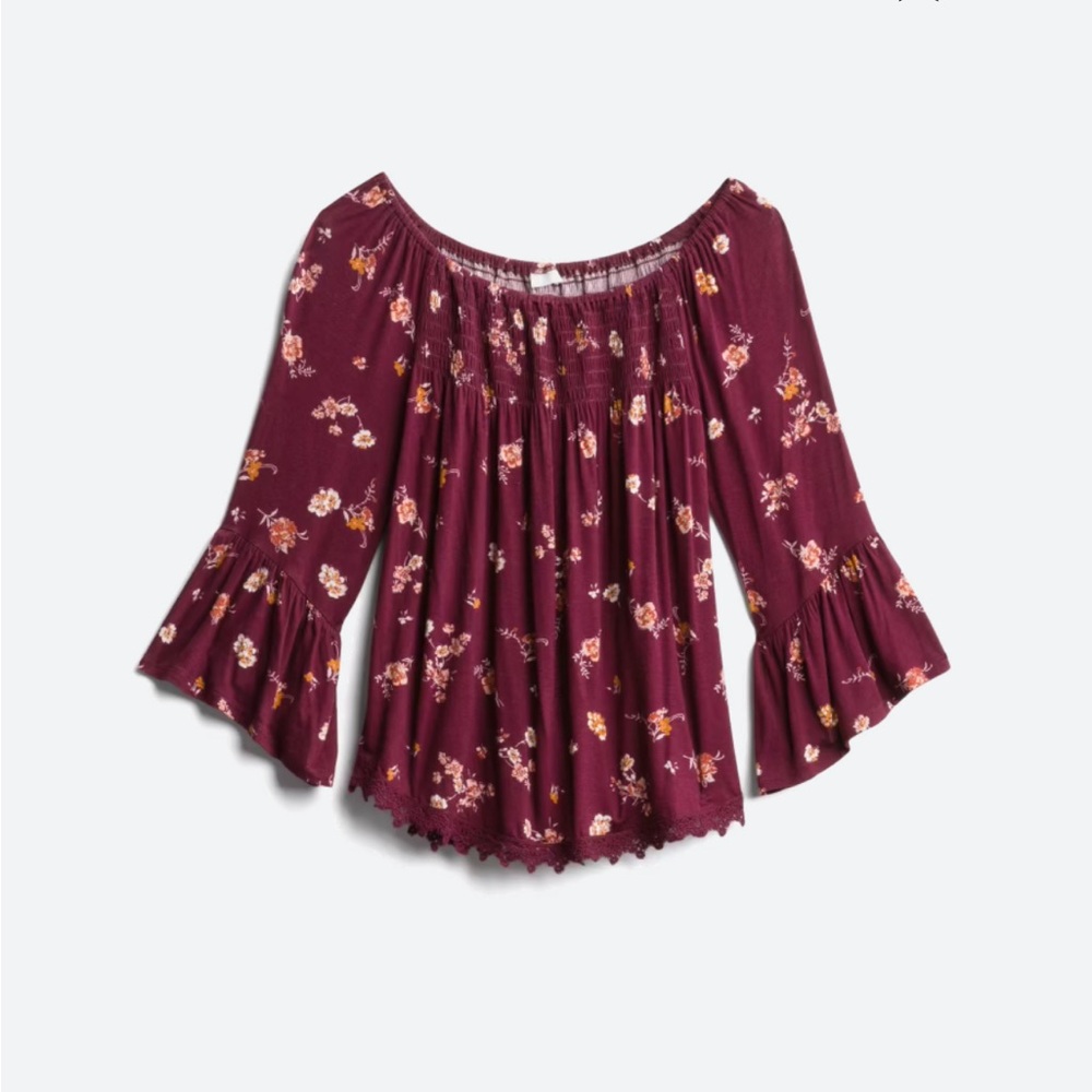 LUQ Julliet Crochet Detail Smocked Knit Top- Maroon Floral Top